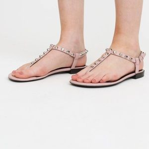 BALENCIAGA LIGHT PINK STUDDED T-STRAP SANDALS